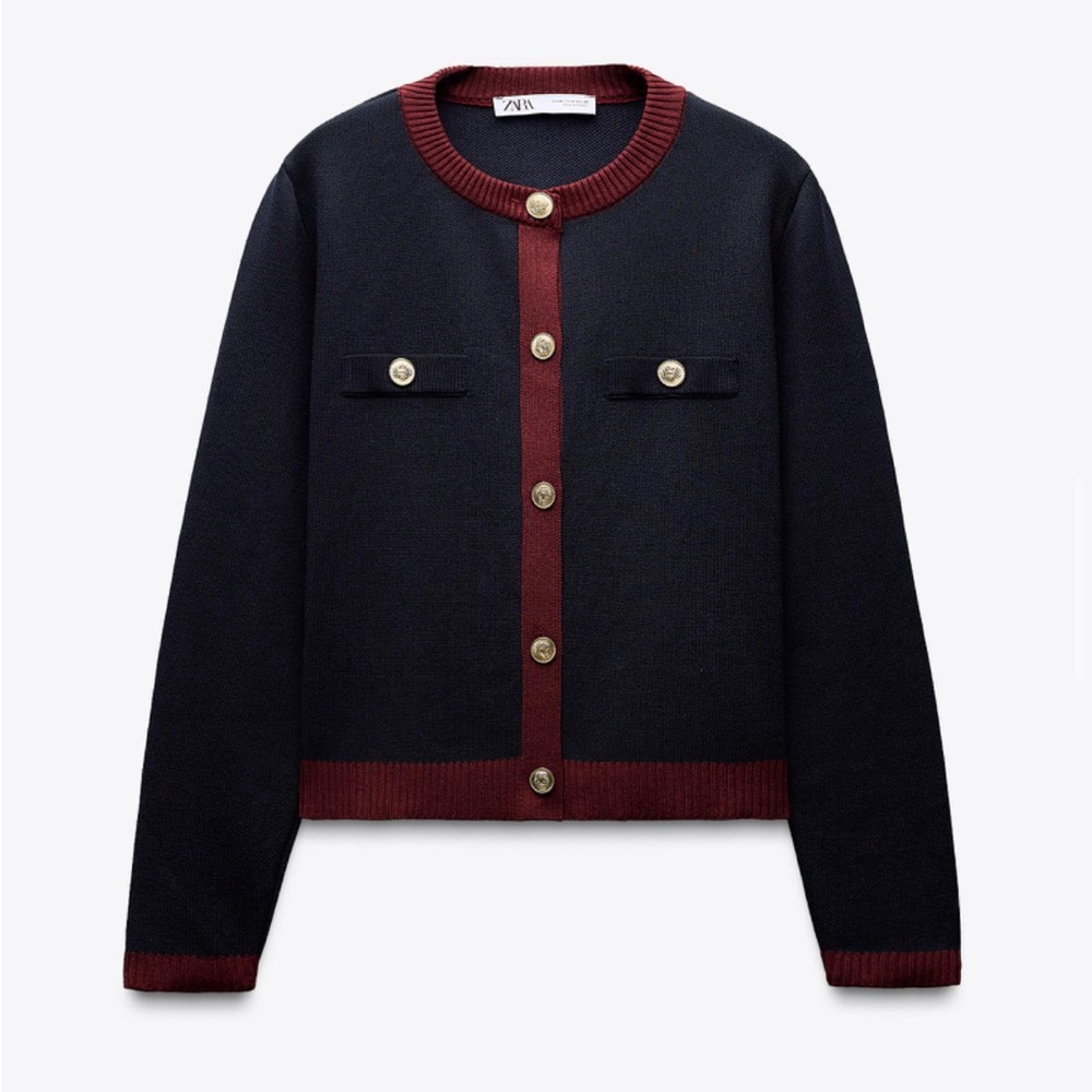 Zara Black Cardigan with Burgundy Accents